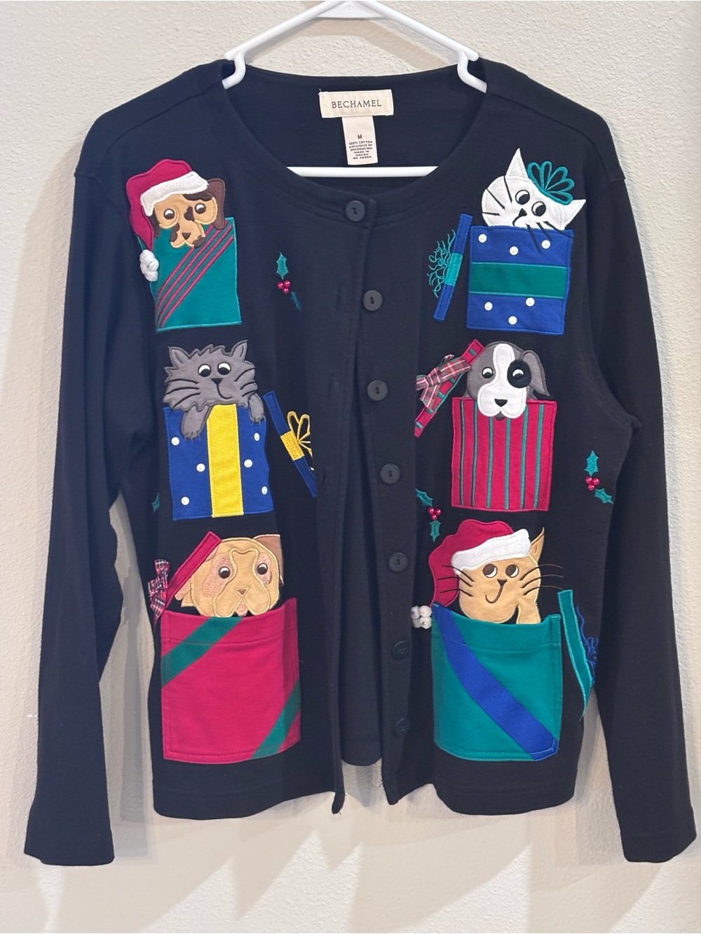 90s Bechamel Holiday puppies/kitten Button Up Sweater, Cotton, Black Wom.Size M